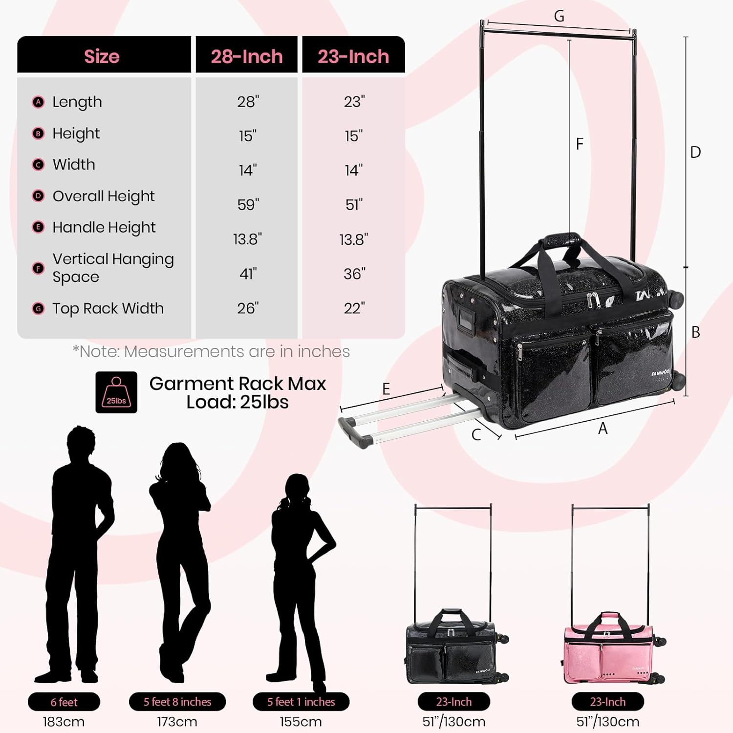 Fanwoli 23" Rolling Dance Duffel Bag with Garment Rack | Detachable 4-Spinner Wheels | Waterproof Glitter Fabric | Competition Travel Luggage for Cheerleader, Skating, Gymnast & Sleepover | Black