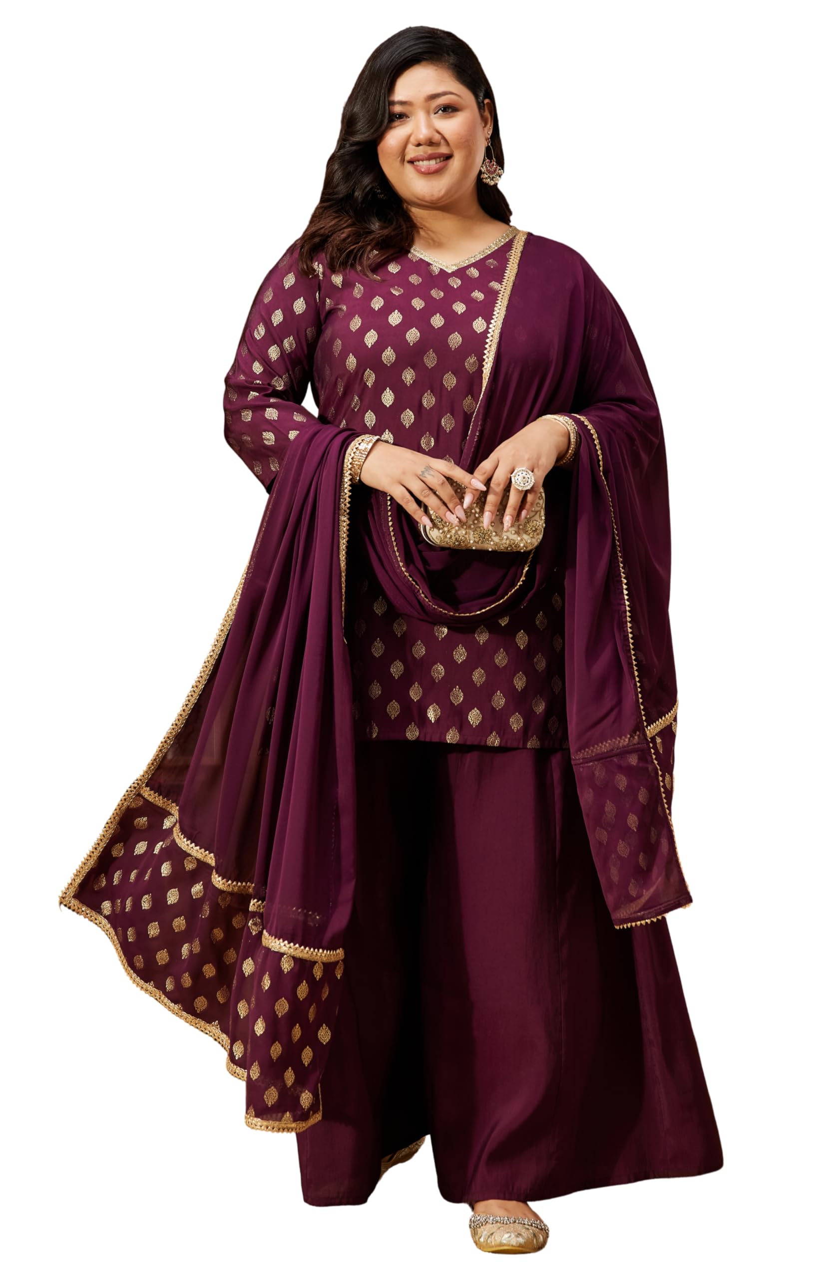 janasya Women's Plus Size Wine Chanderi Silk Embellished Gold Printed Straight Kurta With Sharara & Set-picture-10
