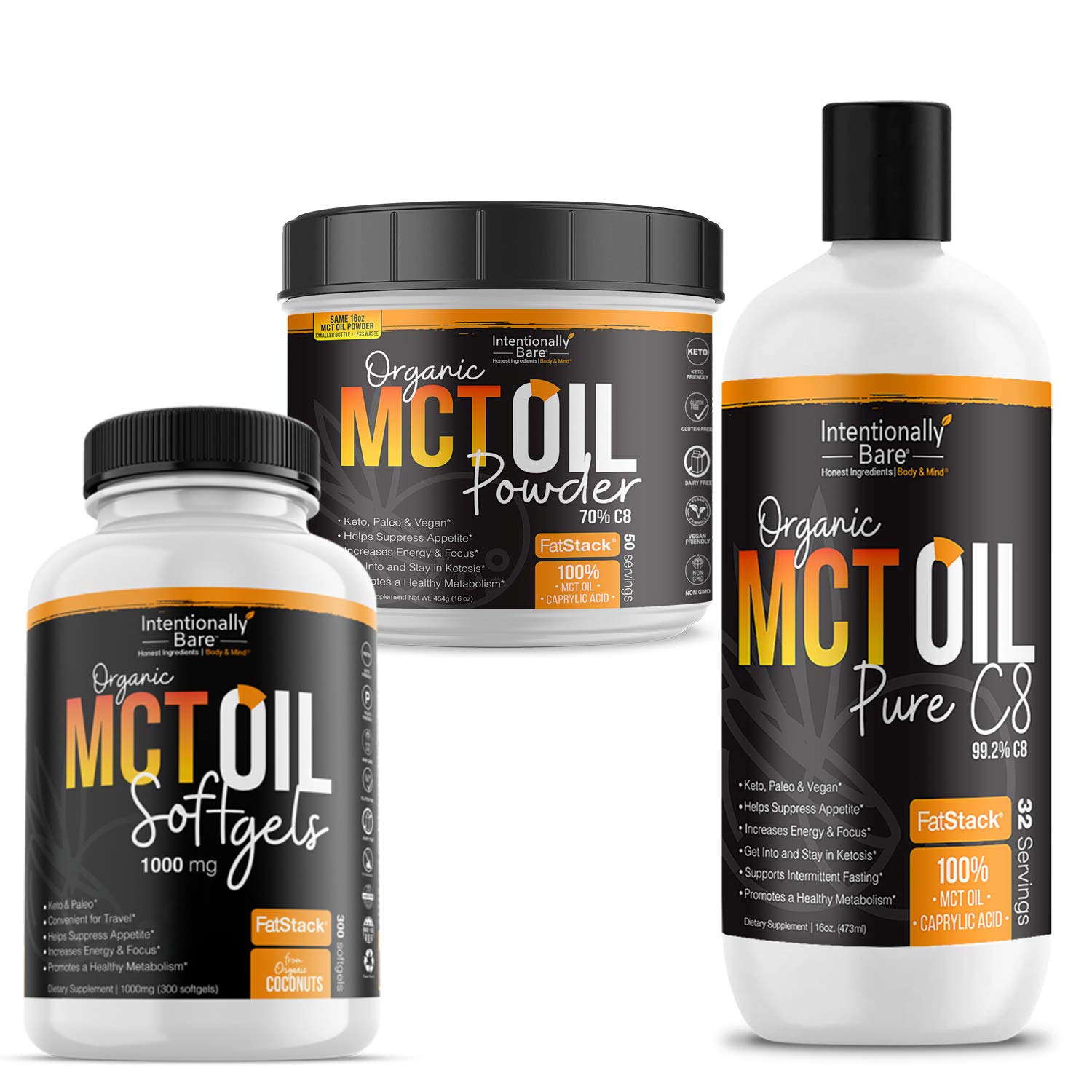 Intentionally Bare MCT Oil Bundle – Organic – High C8 Caprylic Acid - Home and Away - Appetite Suppr