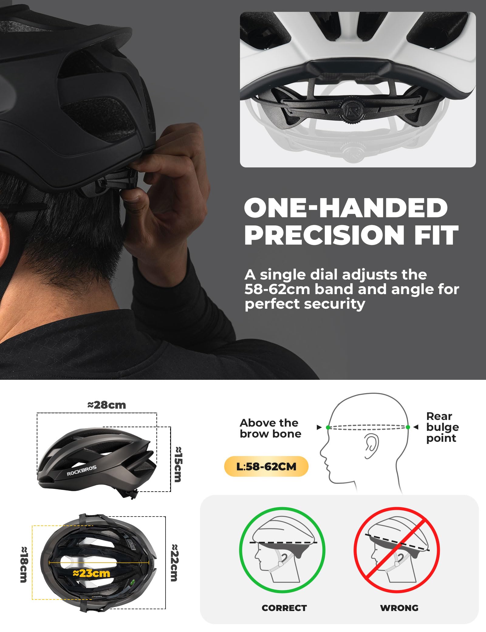 ROCKBROS Casco da bici, leggero e regolabile, per mountain bike e bici da strada, per adulti, 240 g, aerodinamica, ultraleggero, per uomo e donna, mountain bike, ibrido, pendolarismo, ghiaia, 58-62 cm