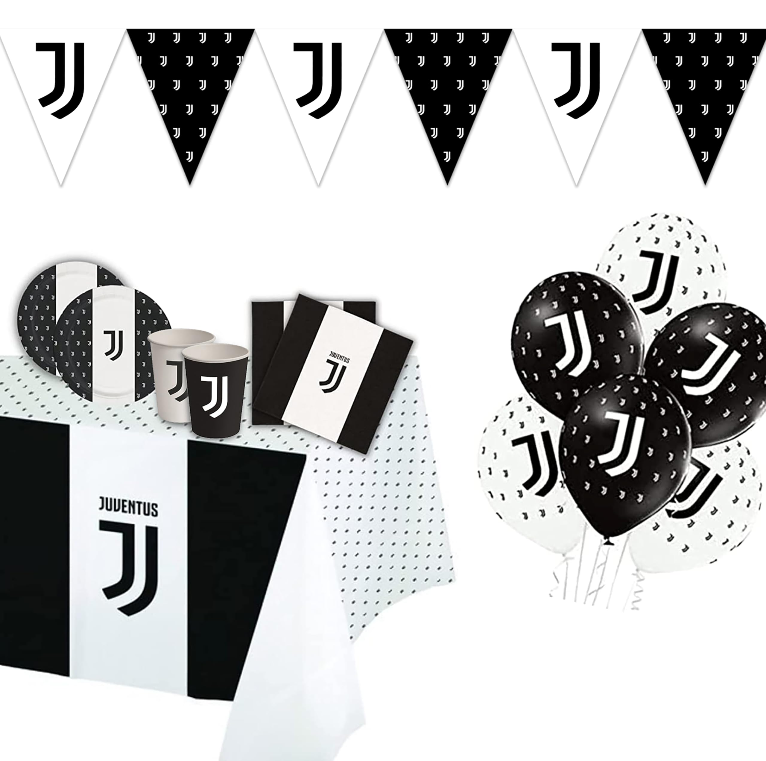 Lage Kit per Festa di Compleanno a Tema Juventus - Set per Decorazioni Calcio Bianconero da tavola Addobbi per 16 Persone (1 Tovaglia - 12 Palloncini - 16 Piatti - 20 Tovaglioli - 12 Bandierine)