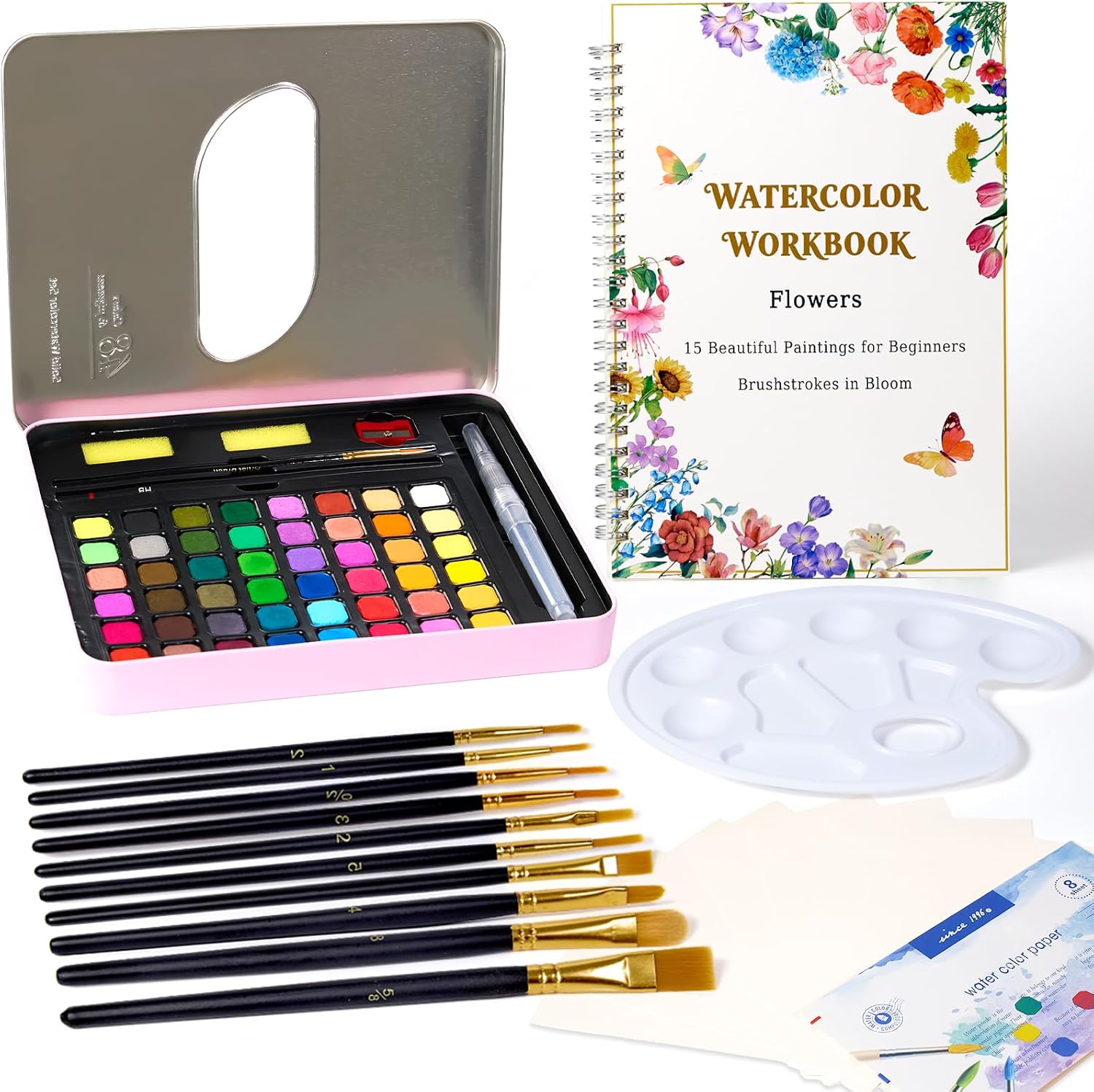 All-in-One Travel Watercolor Painting Set, 48 Colors Water Colors Paint Set with Watercolor Workbook for Adults Beginners, White Palette, Brushes & Pencil, Complete Art Supplies for Adults Amateurs
