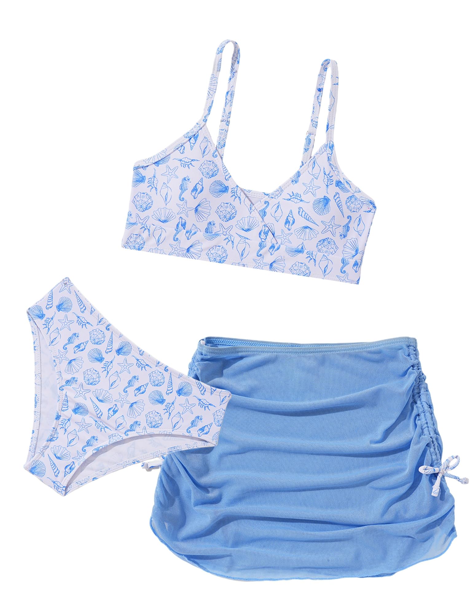 Maeau Grils - Traje de baño de verano floral de 3 piezas, brasier acolchado, conjunto de bikini para niñas con cordón de malla, ropa de playa