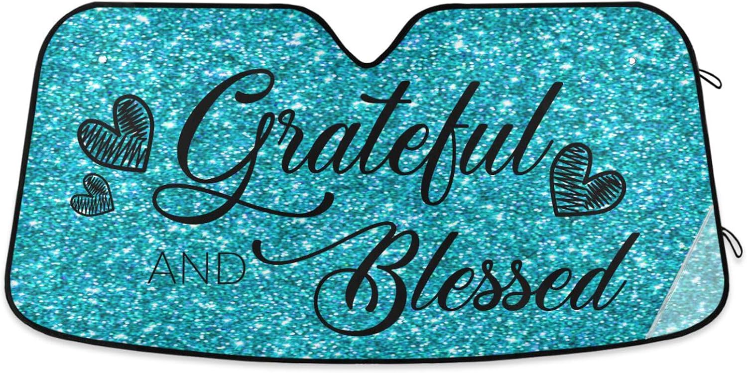 Dussdil Grateful and Blessed Teal Cyan Glitter Car Windshield Sunshades Shiny Sun Shade Reflective Protector Visor Cover Shades for Truck SUV Front Window 55x28 in