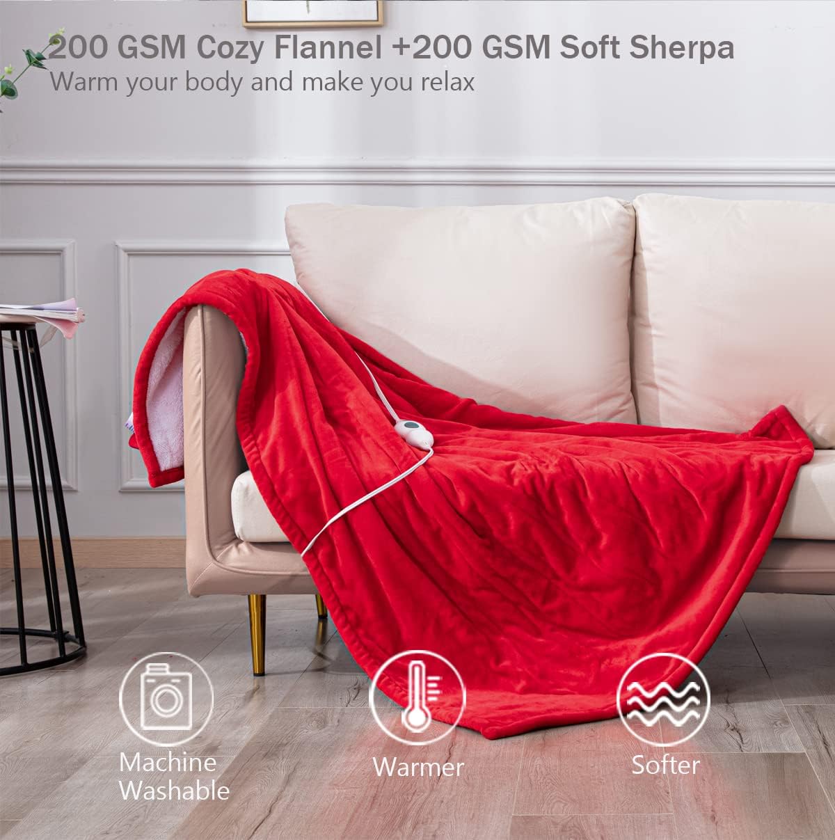 Electric Blanket Throw Flannel Fleece Reversible Fast Heated Throw Blanket, ETL Certification with 4 Heating Levels and 3 Hours Auto Shut Off Machine Washable 50" x 60"(Red)