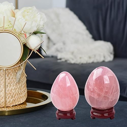 Miniatura 5 de AMOYSTONE Natural Rose Quartz Egg (Pink) Large Healing Crystal Stone for Reiki & Meditation - Easter Egg Gift with Wood Base