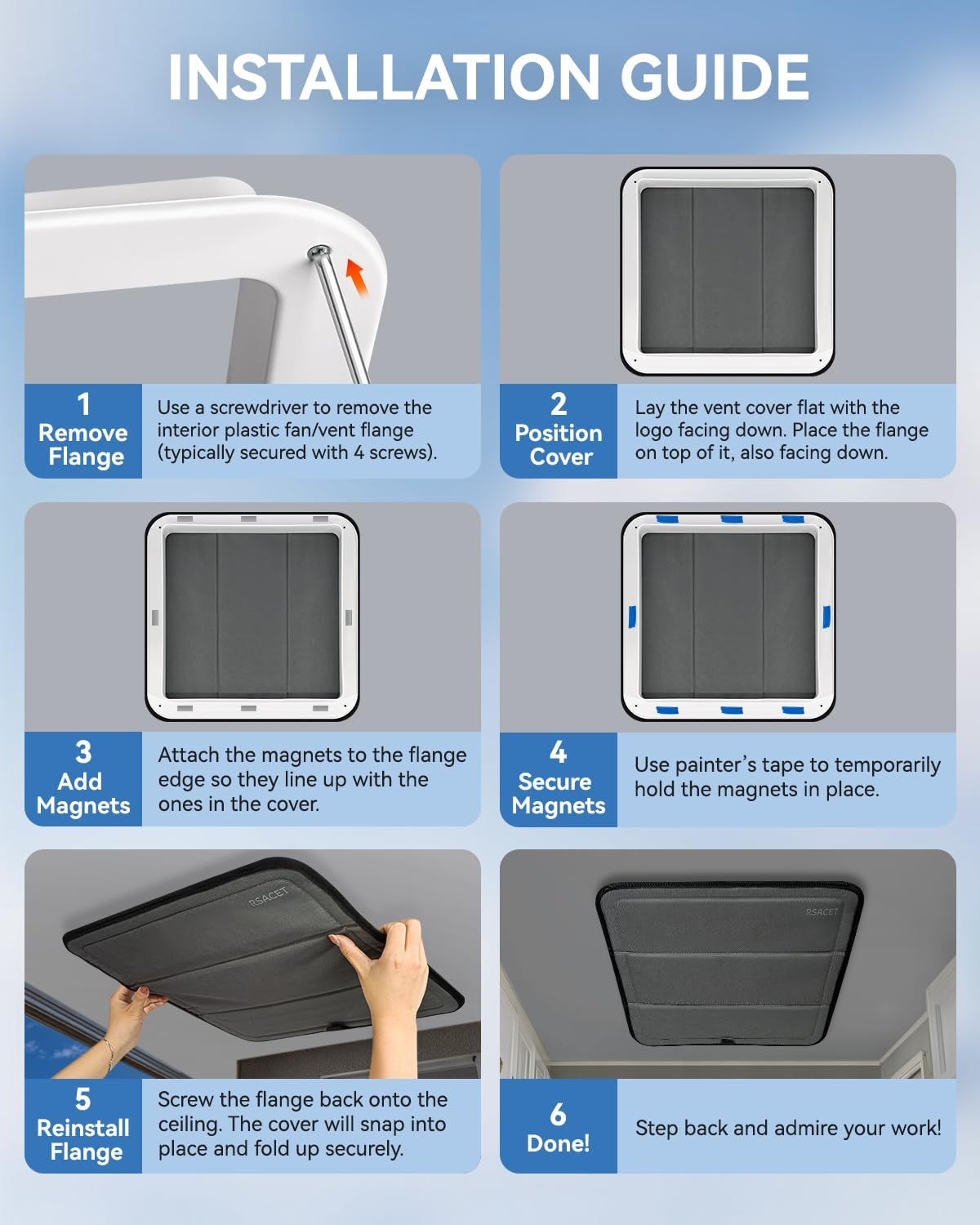 Magnetic Insulated Roof Vent Sun Cover for MaxxAir Fan, Foldable 600D Oxford Fabric Blackout Ventilation Cover 16.5" x 16.5" (Cool Gray)