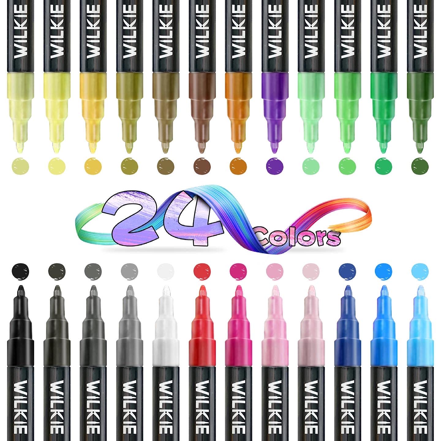 WILKIEacrylic paint pens - Set Of 24 paint markers for glass paint - Permanent acrylic paint markers for rock painting drawing wood stone ceramic pebbles- 0.7mm fine tip - fancy pens craft