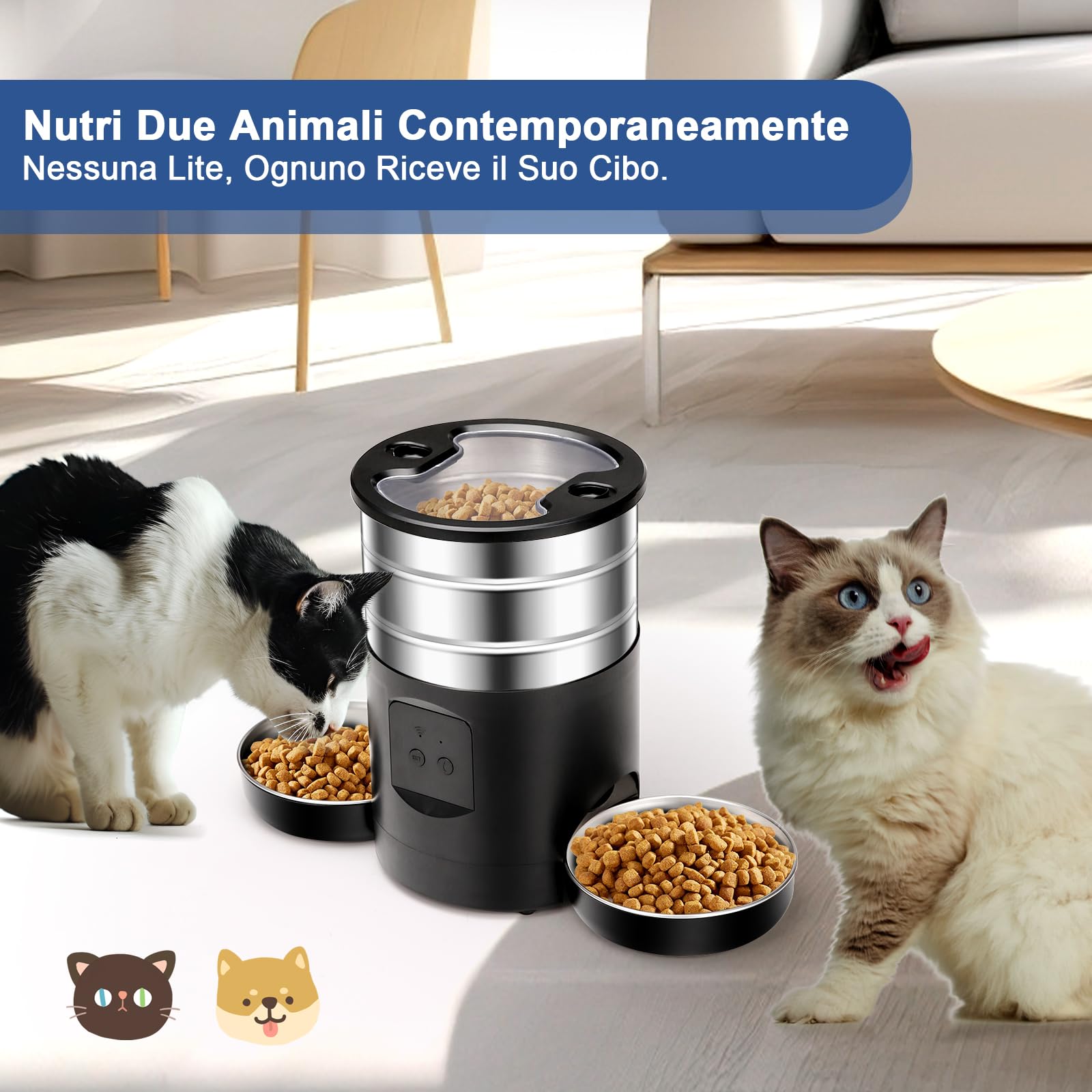 5L Distributore Automatico Cibo Gatti 2 Ciotole, Dispenser Crocchette Gatto 2.4G WiFi Acciaio Inox Anti-Intasamento 24h Timer 1-10 Pasti al Giorno Alimentazione 1-40 Porzion, Mangiatoia per Cani Gatti