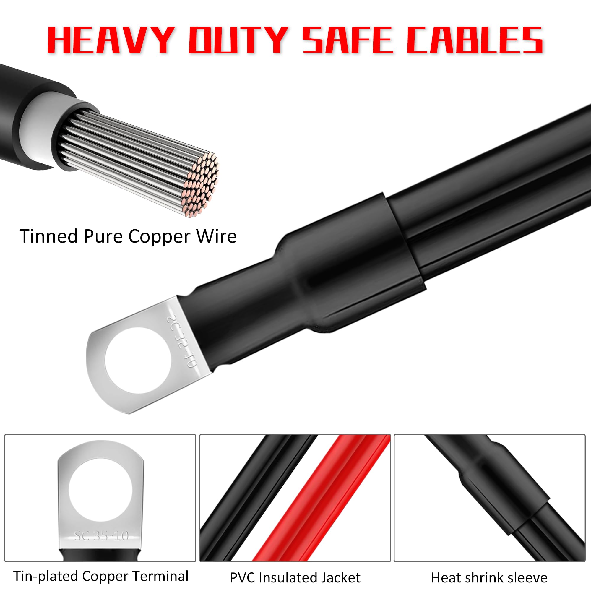 QIMEI-SHOP Cable Bateria 35mm² 50cm Cable Inversor de Batería 12V 2AWG Cables de Batería con M10 Terminales de Anillo para Automóvil Camión Moto Solar Marino Rojo y Negro 2 Piezas — view 3