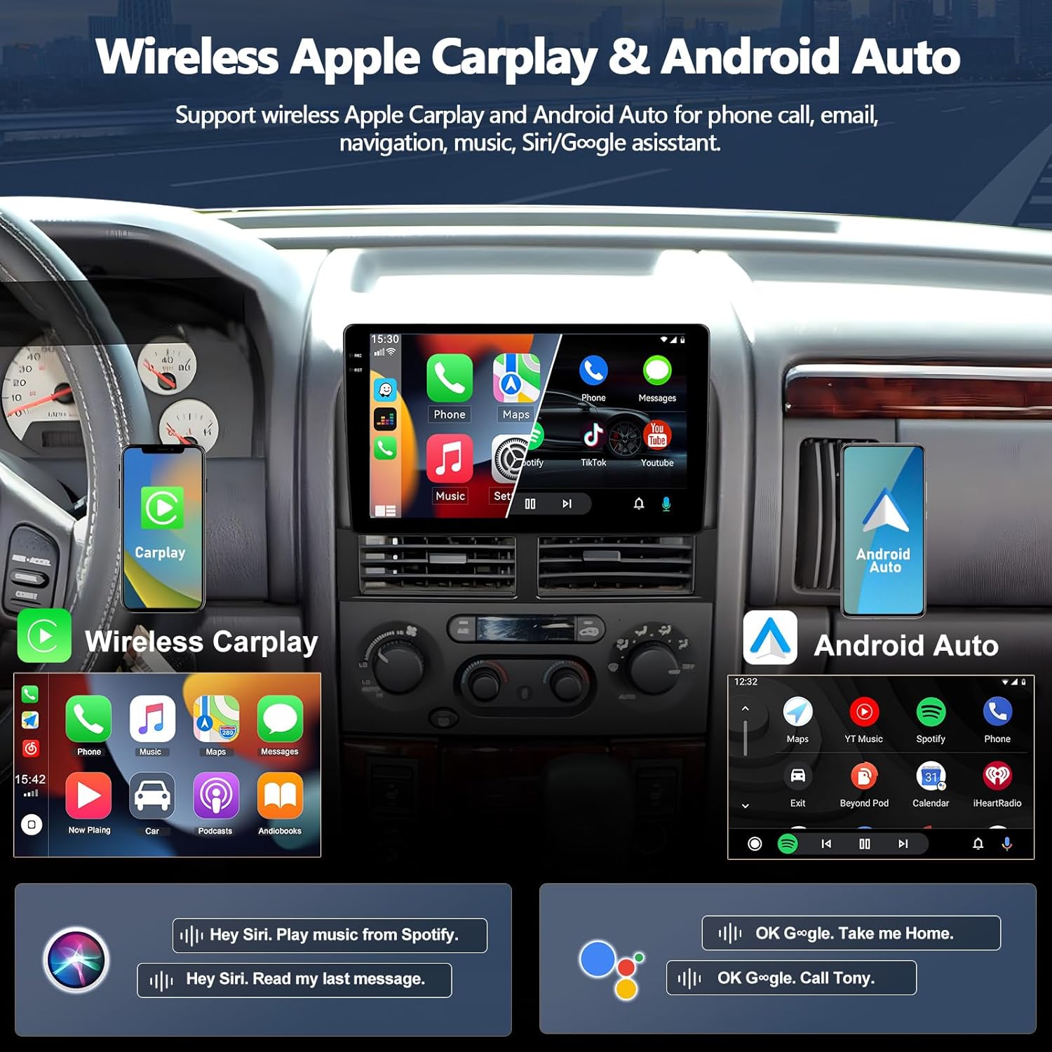 Screenshots of Wireless Apple CarPlay and Android Auto interfaces.