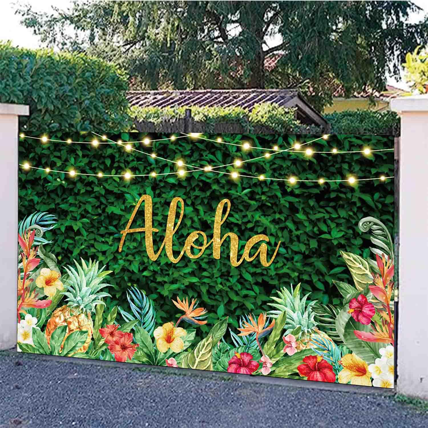 KYMY Summer Aloha Banner Party Backdrop 70.8"X43.3",Tropical Hawaiian Luau Floral Palm Leaves Pineapple Banner Sign,Hawaii Photograph Background