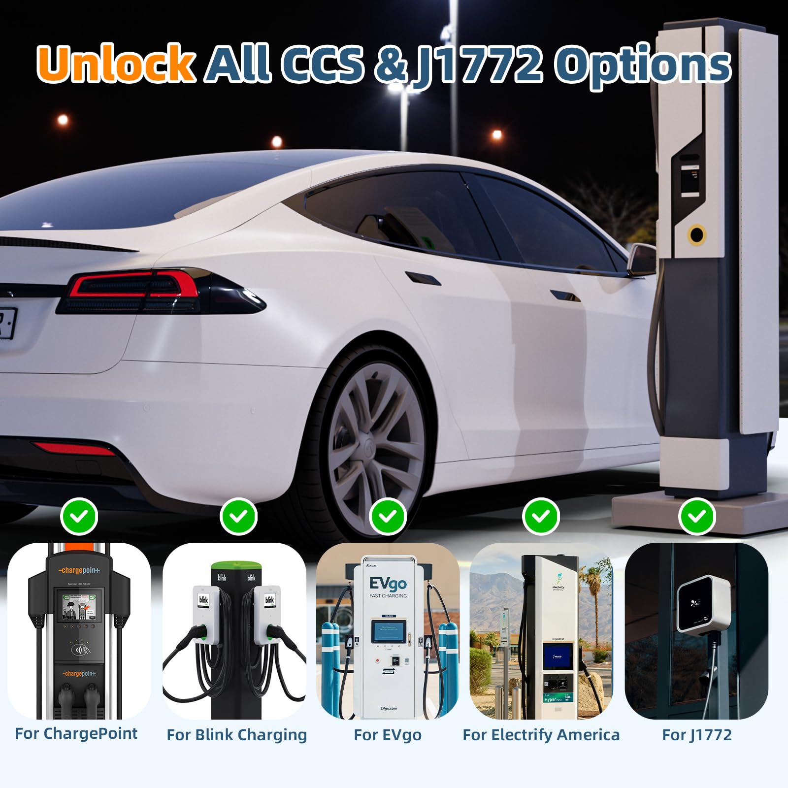 Tesla Supercharger Adapter Pro (2025) 2 w 1 CCS1 i J1772 do NACS, [CCS1 500 V DC250 KW] ultraszybkie ładowanie, kompatybilny ze wszystkimi modelami Tesla (Y/3/S/X), działa ze stacjami poziomu
