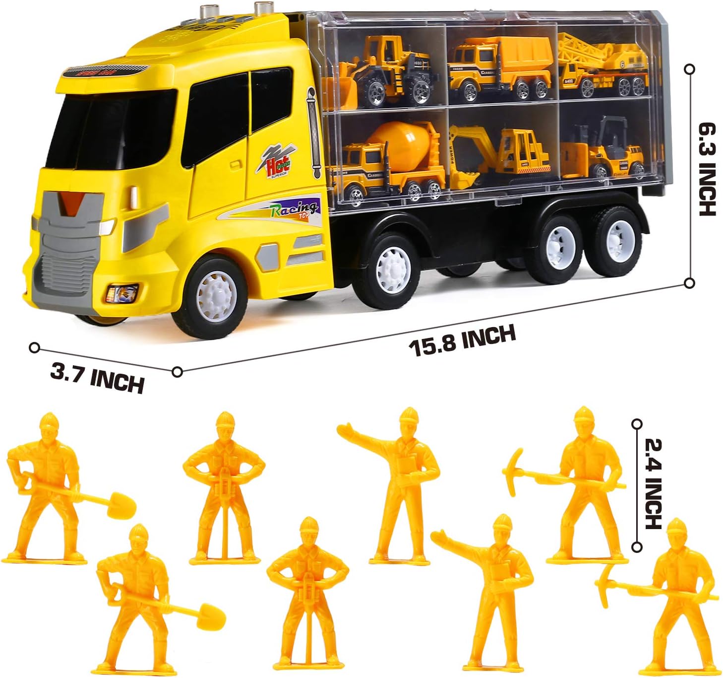 20 in 1 Die-cast Construction Truck with Realistic Engine Sounds and Flashing Headlights, Toy Car Play Vehicles in Carrier Truck with Engineering Worker Toy Set, Birthday Gifts for 3 Years Old Boy