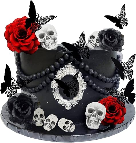 Decoración gótica para tartas con diseño de calavera de rosa, diseño de mariposa negra, 21 piezas de decoración para tartas, hasta que la muerte nos