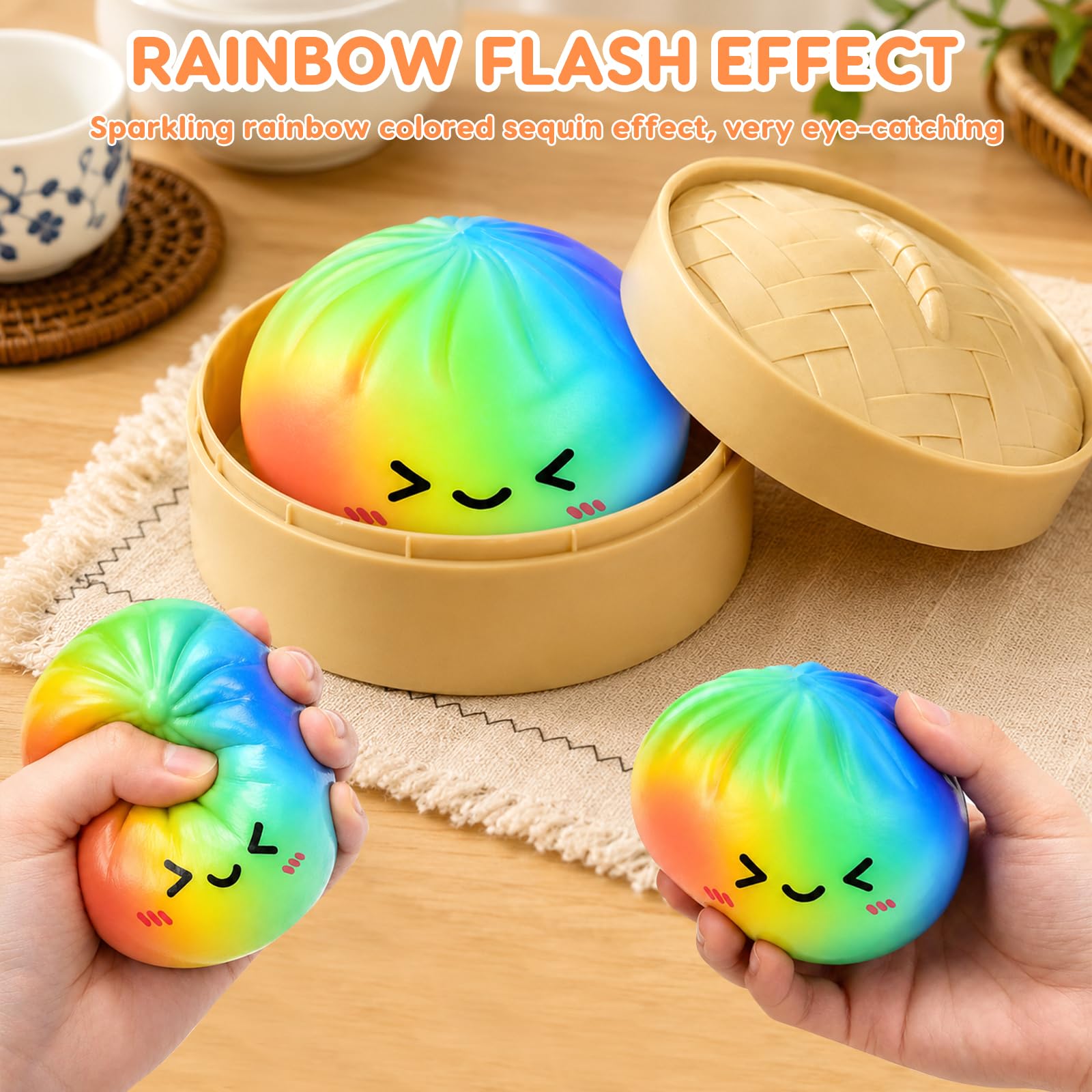 Dumpling Squishy con Vaporiera 9,5 cm, Glitter Squishy Dumpling Mystery, Giocattolo Anti-Stress, Slow Rising Bao Bun Balla Antistress per Bambini e Adulti (Rainbow)