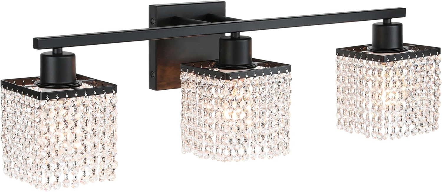 XiNBEi Lighting 3-Light Bathroom Vanity Light, Black Bathroom Light Fixtures Over Mirror with K9 Clear Crystal String Shade Modern Crystal Vanity Lights for Bathroom XB-W327-3-MB