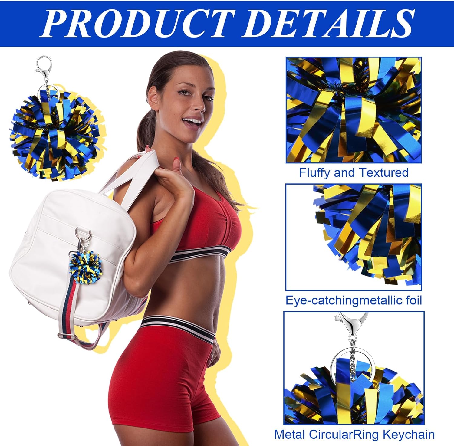 24Pcs Cheer Pom Pom Keychain Cheering Keyring Charm Foil Keychain Cheerleader Gift Plastic Pom Cheer Camp Gift