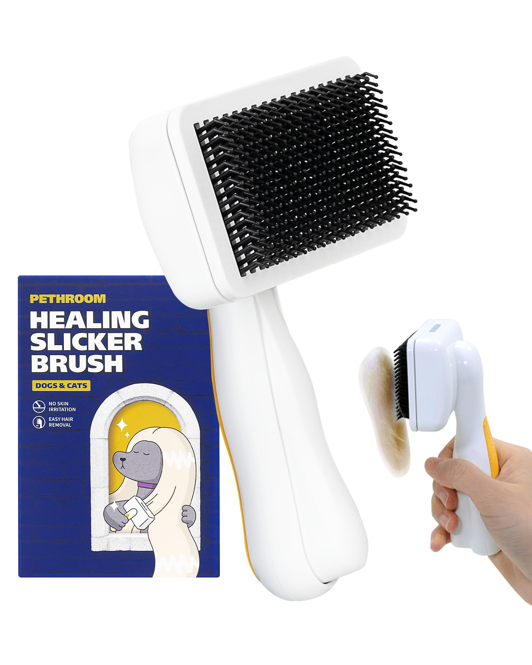 PETHROOM Pet Healing Slicker Brush with One-Touch Clean Button | Gentle Grooming Brush for Dogs & Cats | Removes Shedding, Mats & Tangles with Coated Tips, White & Yellow
