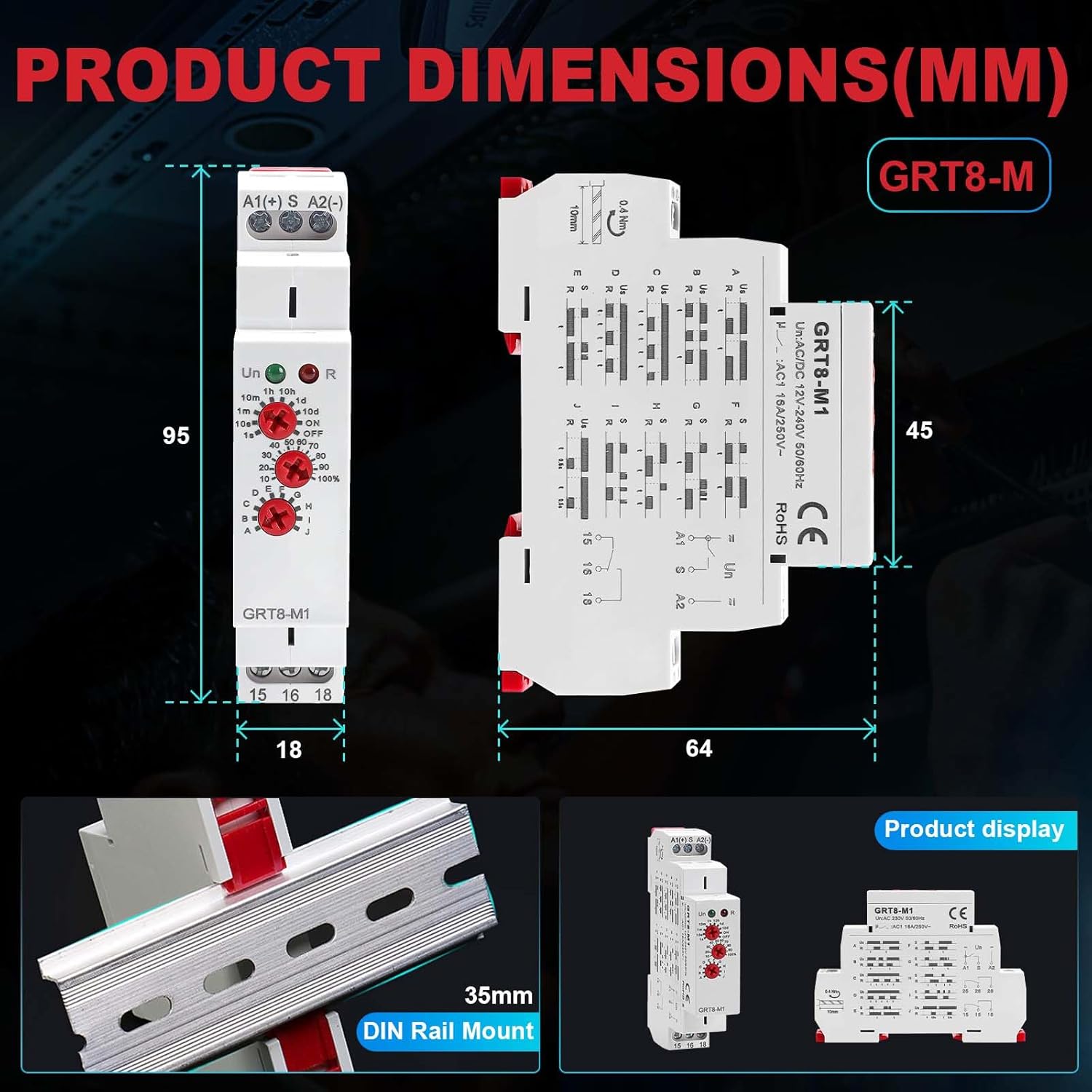 Multifunction Time Delay Relays AC DC 12V-240 Volt, 16A Mini Adjustable Timer Switch ON Off GRT8-M1, with 10 Electrical Timers Relay Control Delay Function for 1 Minute to 10 Days, DIN Rail Mount