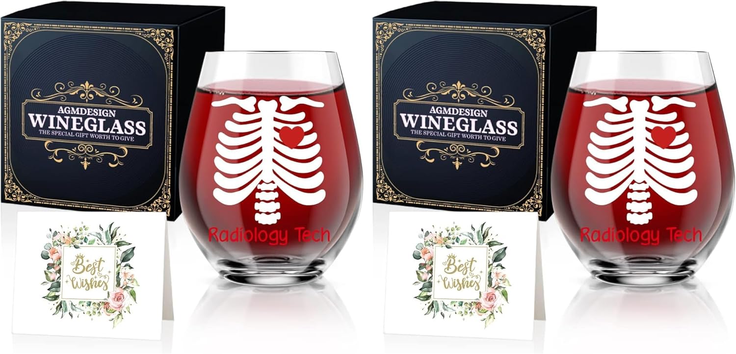 AGMDESIGN Radiology Tech Funny Wine Glass, Retirement Thank You Gifts for Women Men Nurse Doctor, Graduation Gifts for Men Women Radiology Nurse Doctor Students, Xray Tech Present (Pack of 2)