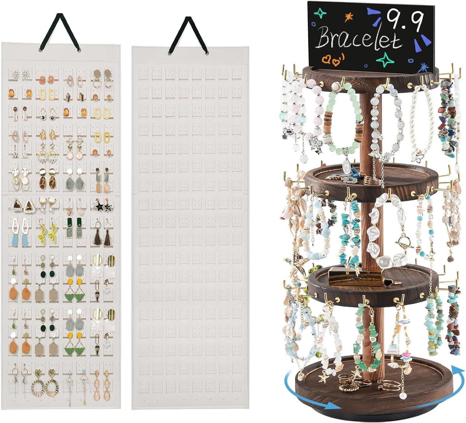 Lolalet Hanging Earring Holder Organizer Bundle with 4 Tier Wooden Rotating Bracelet Holder