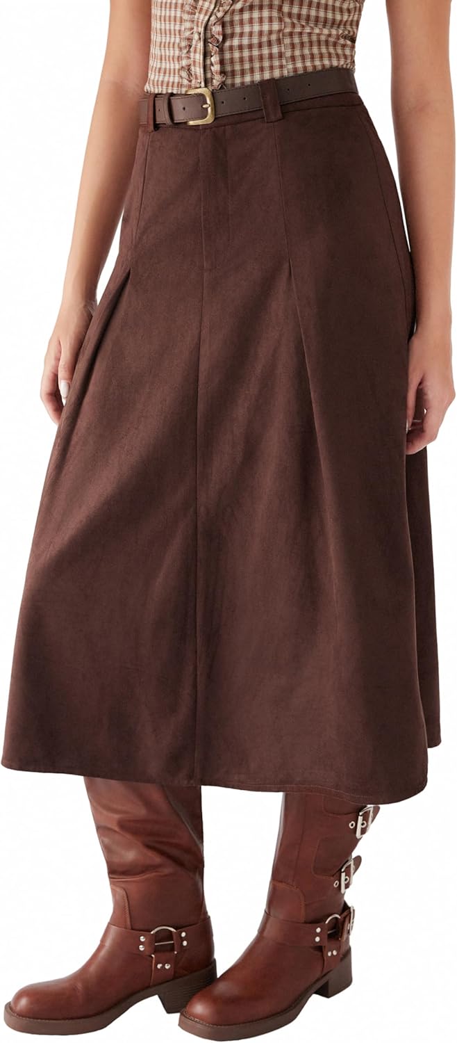 CIDER Womens Faux Suede Maxi Skirts Pleated High Waist A-Line Skirt with Belt Vintage Going Out Outfit Fall Trendy - Image 2