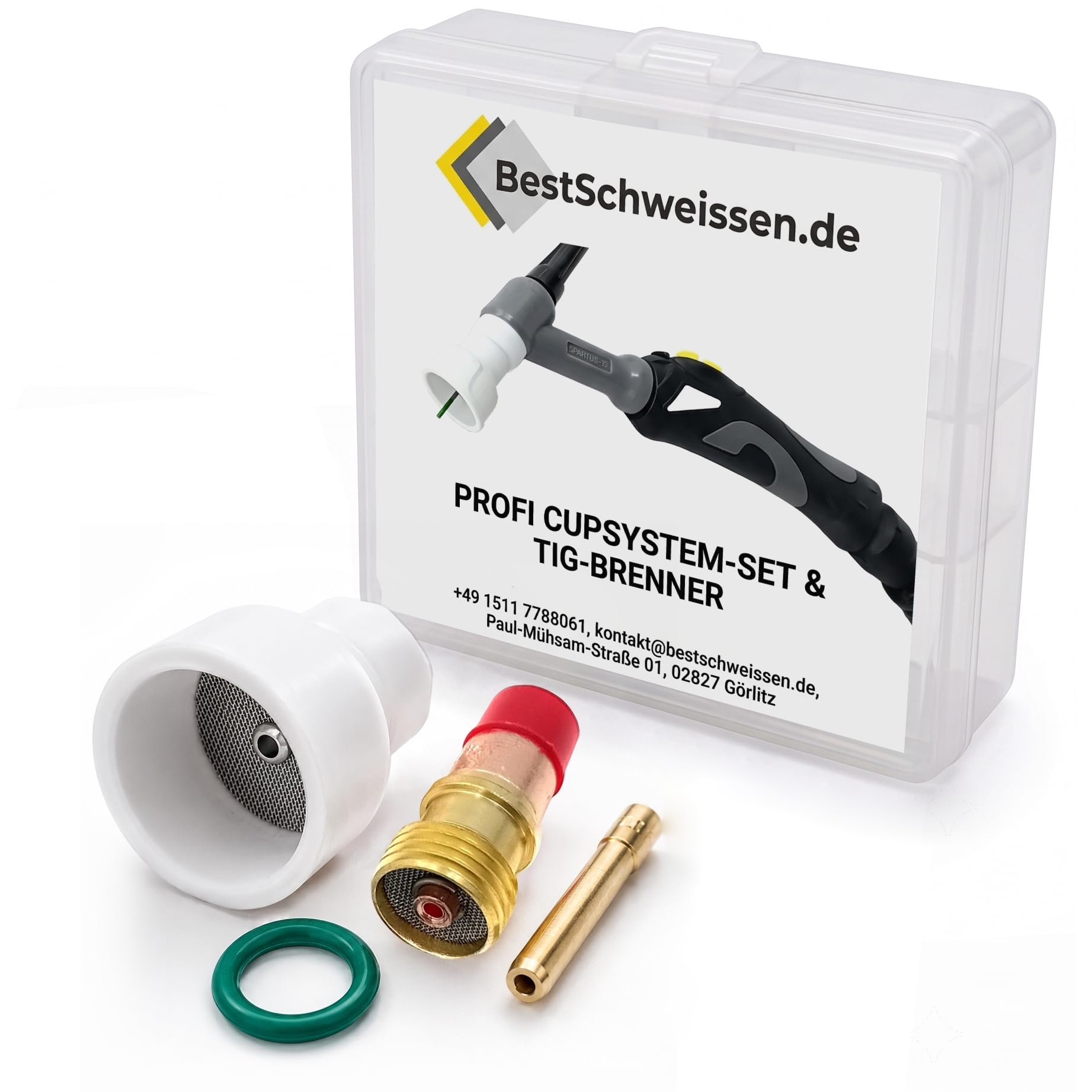 CUPSYSTEM Schweißzubehör WIG Gasdüse Set – WIG Zubehör für perfekte Gasabschirmung (DC) Bestschweissen.de – WIG Brenner Keramikdüse mit Gaslinse & Sieb (SR/WP 17 18 26) (#16 (Ø 2,4mm) 12-16 l/min)