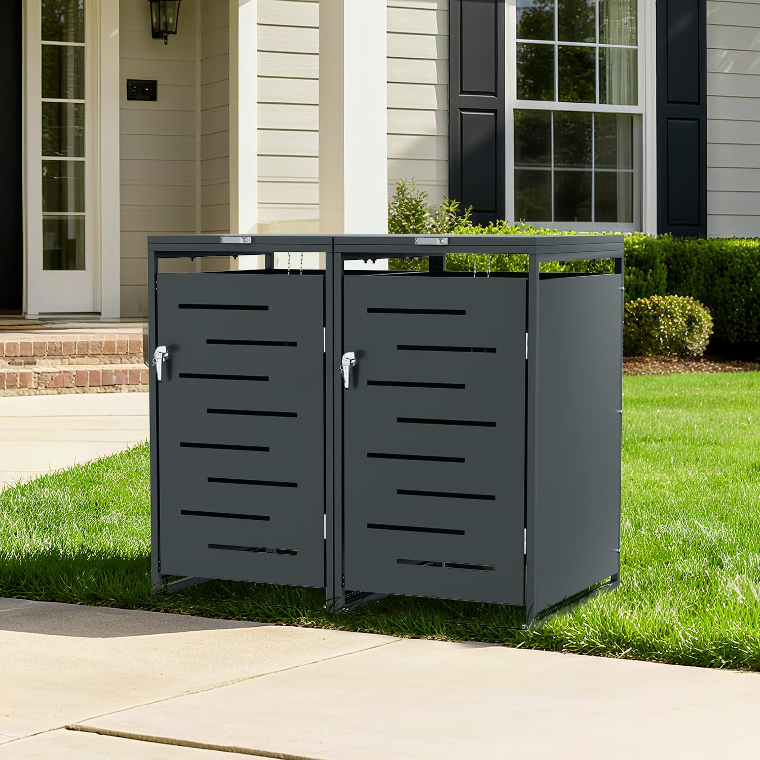 Lot de 2 cache-poubelles en métal pour poubelles de 120 l/240 l, résistant aux intempéries, verrouillable, avec vérins à gaz et chaînes de couvercle, anthracite