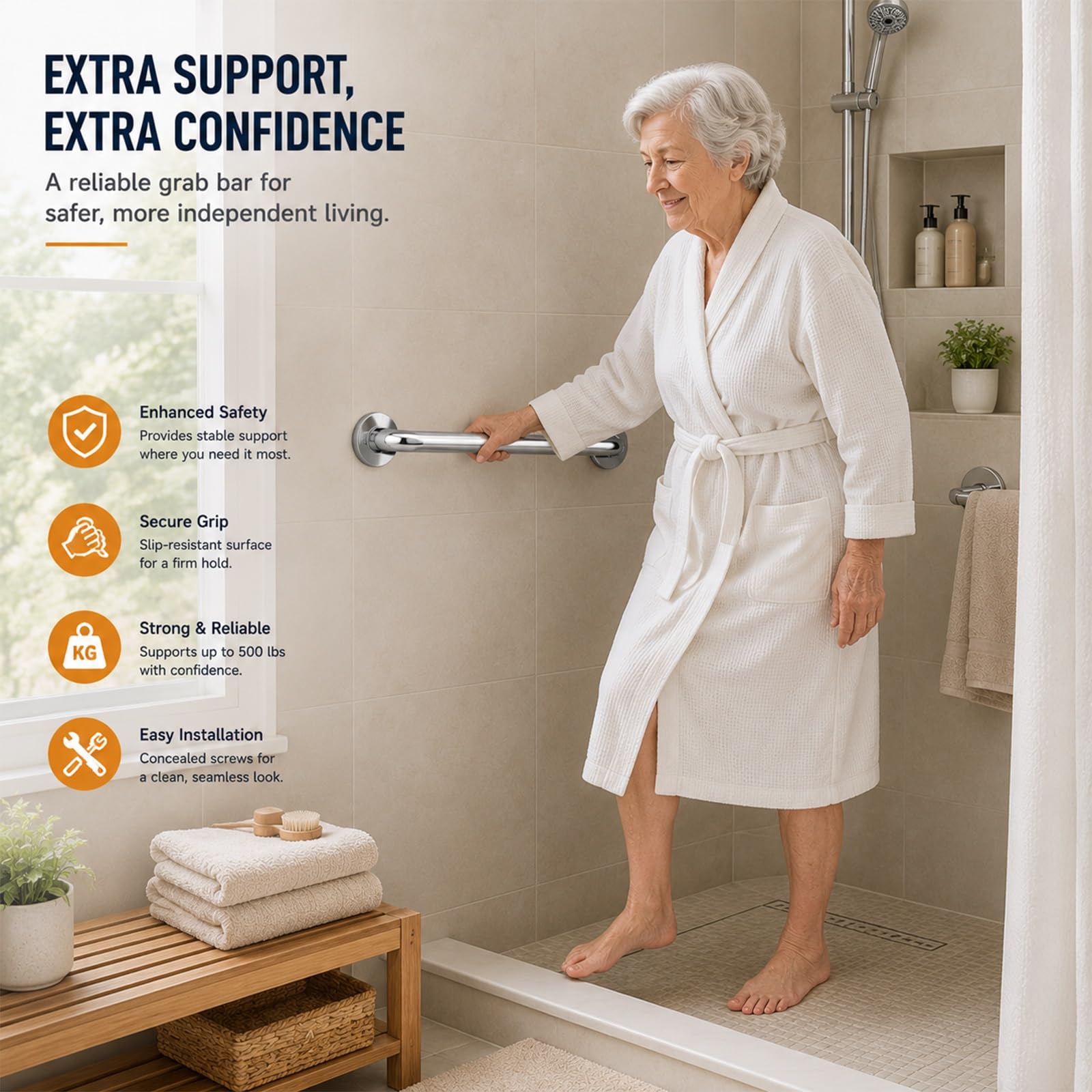 Maniglione Di Sicurezza per Doccia, Antiscivolo, Portata 227 Kg (500 Libbre), Ideale per Bagni Domestici Moderni, Hotel E Ristrutturazioni per L'accessibilità (anziani/disabili)(40cm)
