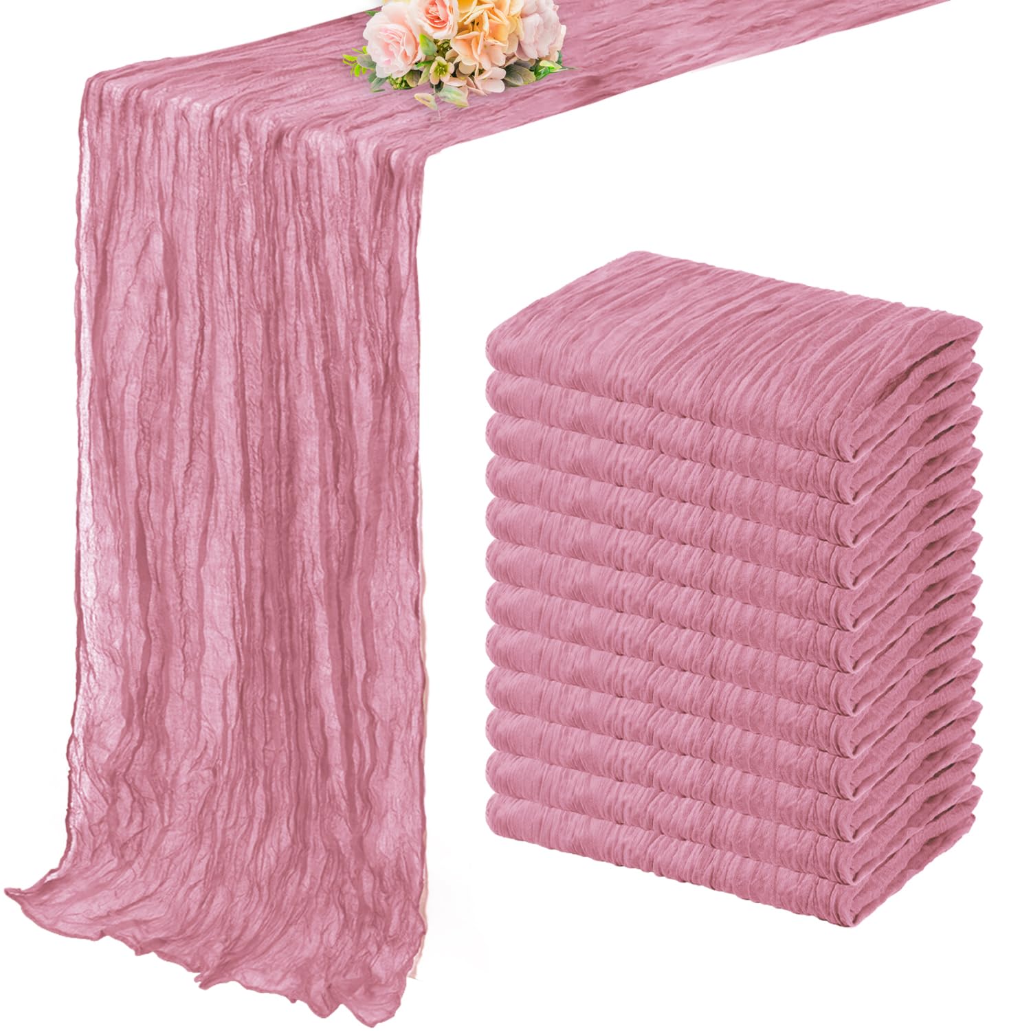 Photo 1 of 12 Pack Dusty Rose 10FT Cheesecloth Table Runner 20 x 120 Inch Long Rustic Gauze Fabric Cheese Cloth Table Runner for Wedding Bridal Baby Shower Table Decorations Boho Sheer Birthday Party Table Decor