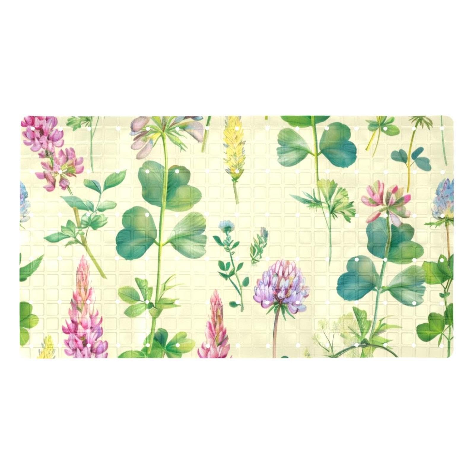 Badematte mit Saugnäpfen, Motiv: Wildblumen, Wiese, blühendes Klee, 40 x 70 cm, rutschfeste Badezimmermatten, maschinenwaschbar