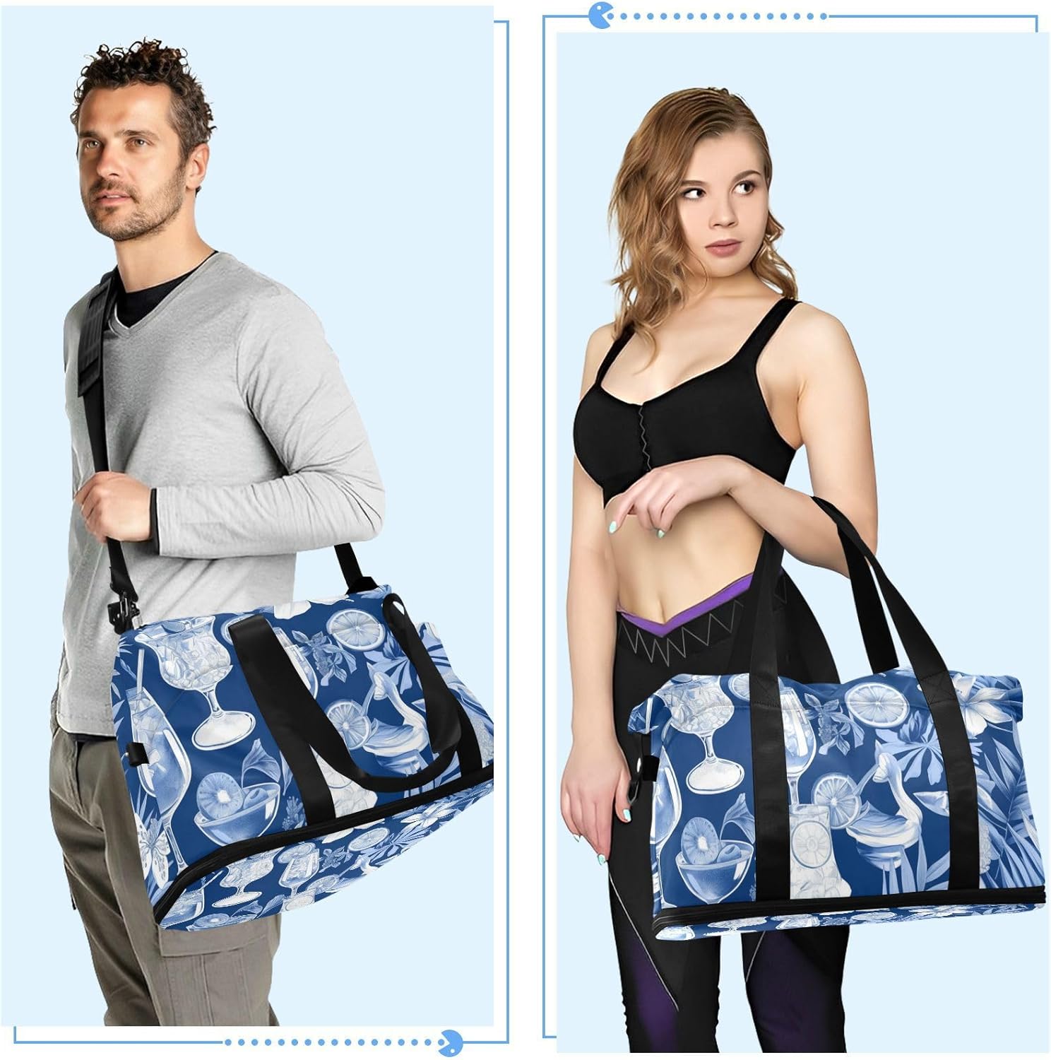 Blue and White Cocktail Lemon Gym Tote Bag Sport Training Bag with Toiletry Bag for Travel Multifunctional