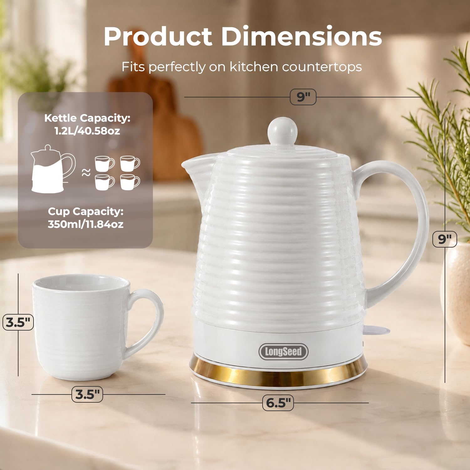 Set bollitore elettrico in ceramica, con infusore e tazze (bianco)