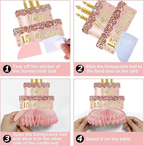 Miniatura 6 de Centros de mesa de cumpleaños de 15 años de color rosa dorado rosa para niñas, 9 piezas de centro de mesa de feliz cumpleaños número 15, suministros