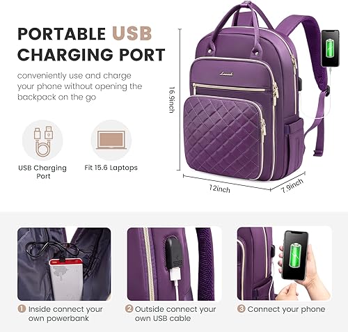 Miniatura 3 de LOVEVOOK Mochila para computadora portátil para mujer, resistente al agua, mochila de trabajo de viaje, elegante bolsa de computadora para