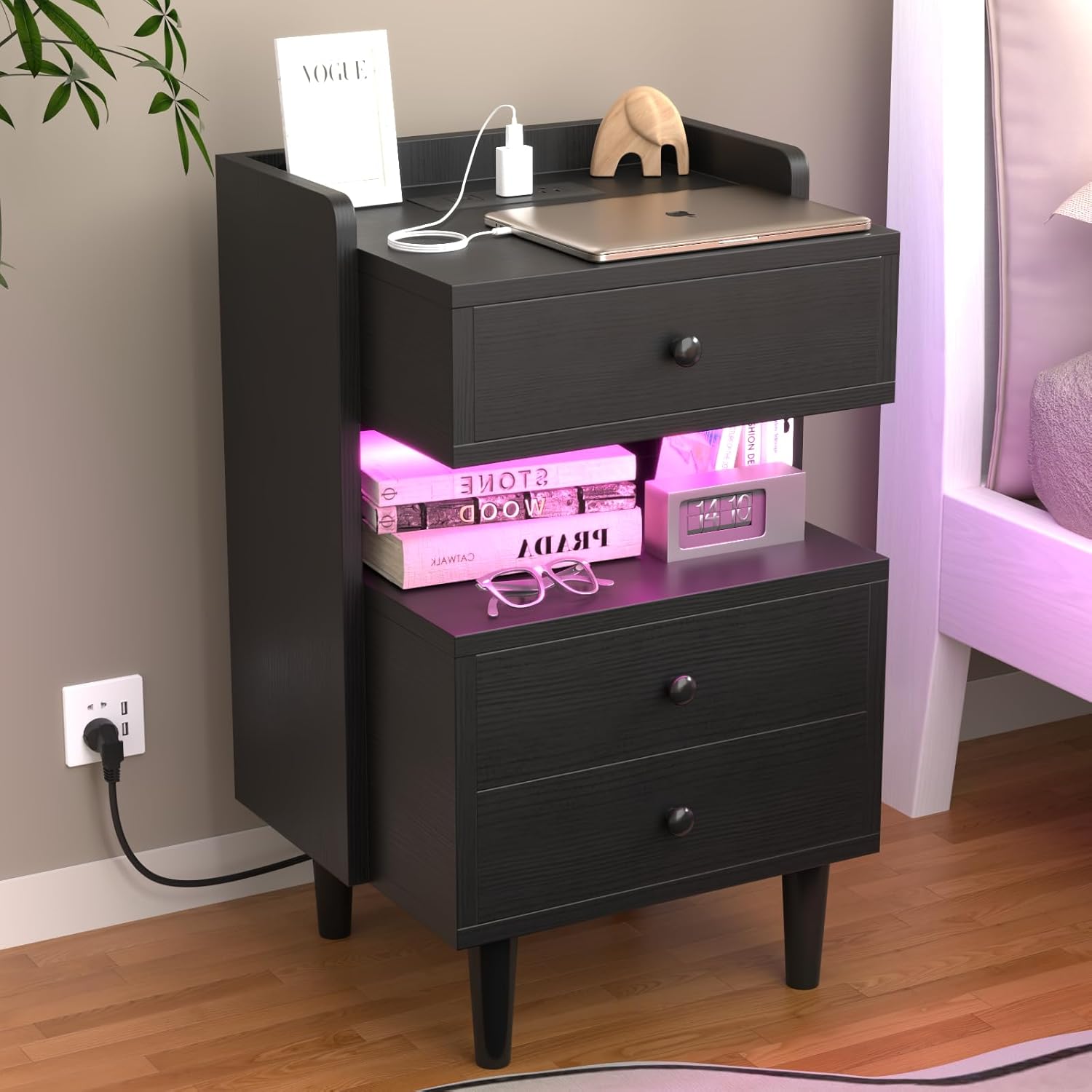 Black Nightstand with Charging Station, Bed Side Table/Night Stand with 3 Drawers, Bedside Table with Open Shelf Storage, Tall End Tables for Bedroom Living Room 1