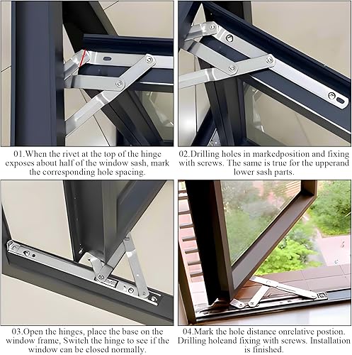 Miniatura 5 de Acrux7 E-Gard - Paquete de 4 bisagras de ventana abatible de 10 pulgadas, soporte de ventana abatible de acero inoxidable, bisagras ocultas de