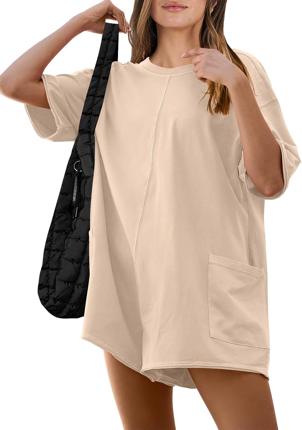 ANRABESS Women Summer Oversized T-Shirt Tee Rompers Casual Short Sleeve Overall Athletic Workout Jumpsuit Trendy Outfits Apricot X-Large