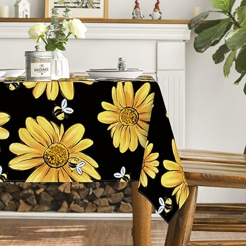 Miniatura 4 de Horaldaily Mantel de verano rectangular de 60 x 104 pulgadas, color amarillo, girasol, abejorro, negro, otoño, lavable, para fiesta, picnic,
