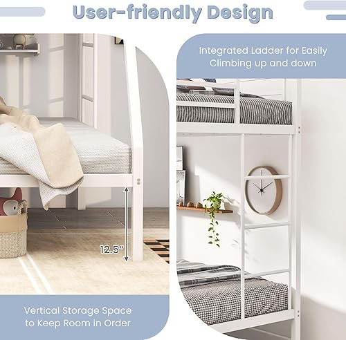 Miniatura 5 de Giantex Litera de tamaño individual sobre matrimonial, litera de metal con escalera y soporte de marco de acero, litera triple que ahorra espacio