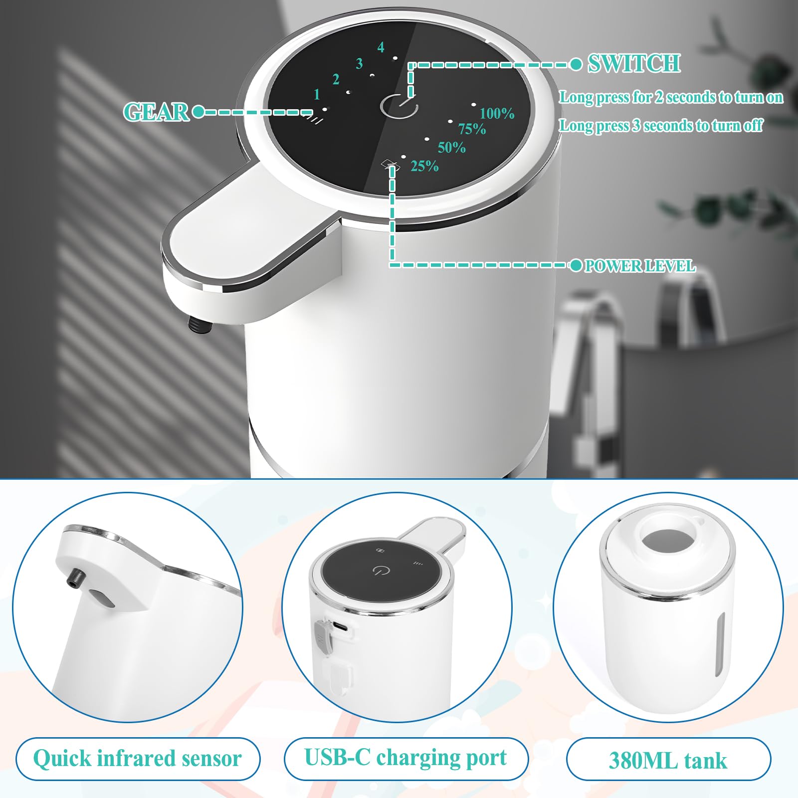 Saixuan Automatischer Seifenspender - 380ml Berührungslos Mit USB-C Ladung & 4 Stufen