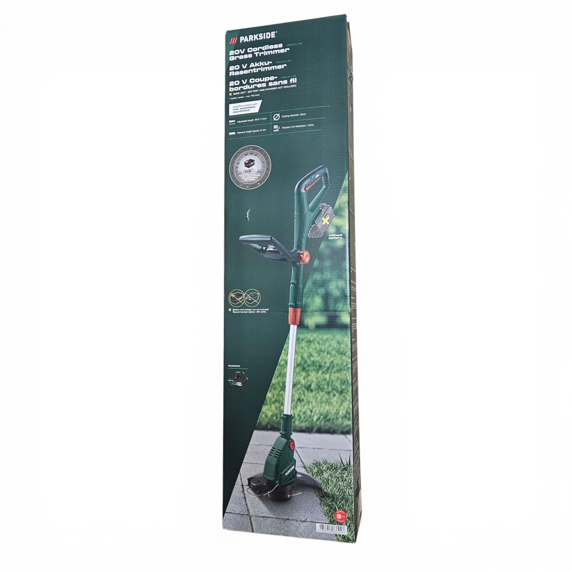 Parkside Desbrozadora Inalámbrica PRTA 20-Li con Cabezal Giratorio, 2 Bobinas de Hilo, 25 cm de Ancho de Corte, 8500 RPM, 1.907 kg, Negro, Plateado, Verde, Rojo, Sin Batería, 20V