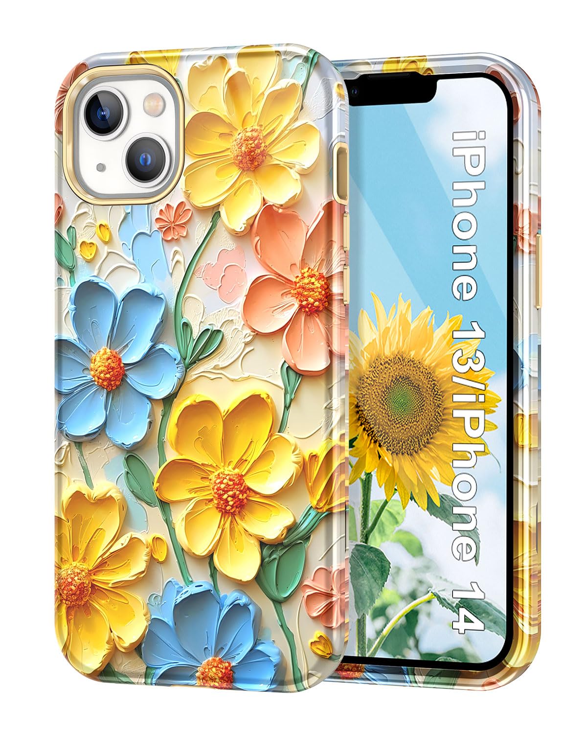 Petocasefor iPhone 13/iPhone 14 Case, Flower Pattern Colorful Retro Oil Painting Printed Stylish Slim Rugged [Military Grade Drop Tested] Sleek Shockproof Protective Cover for Women Girls, Yellow