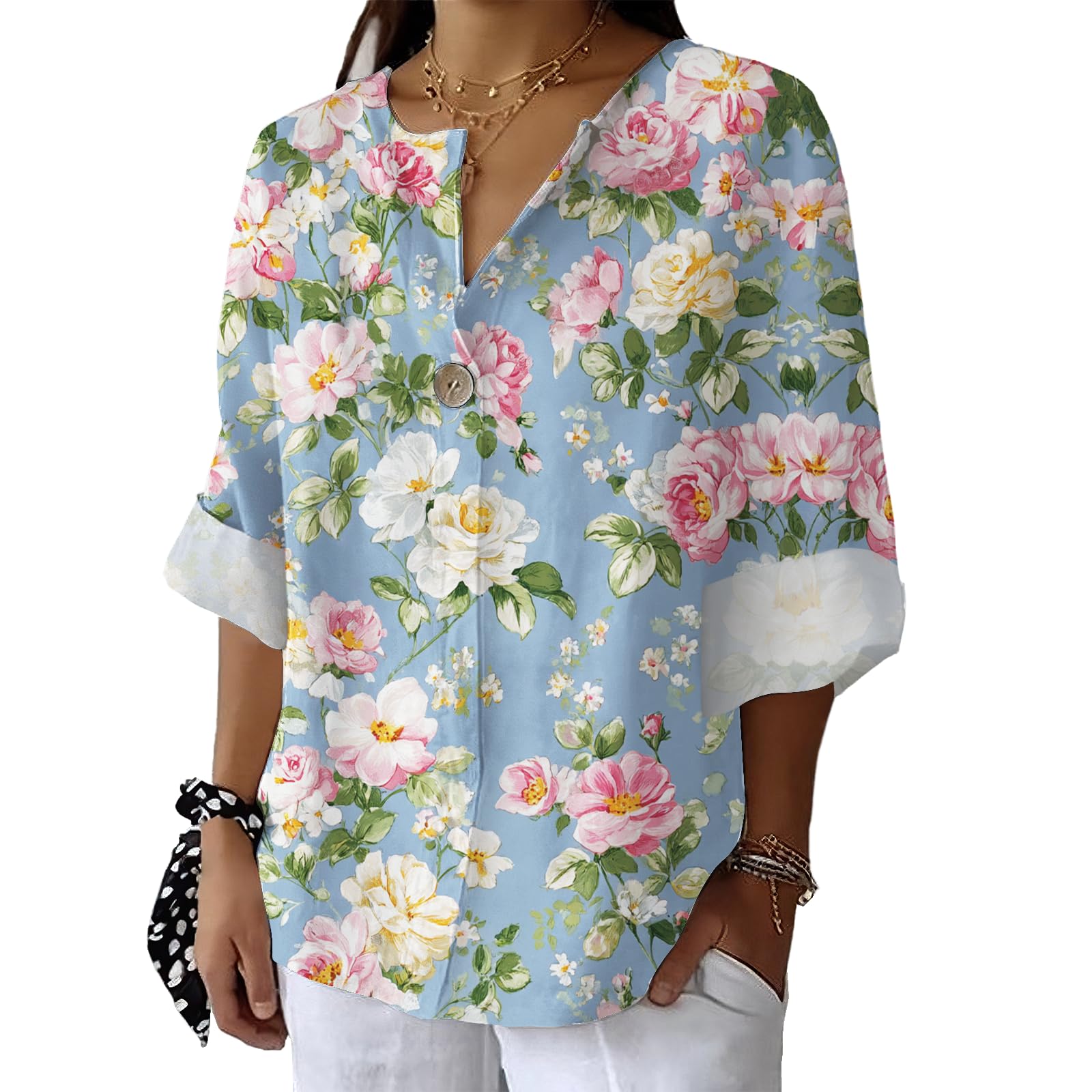 Boho Floral Graphic Shirt for Women Summer Trendy Casual 3 4 Sleeve Blouse Fashion Loose V Neck Pullover