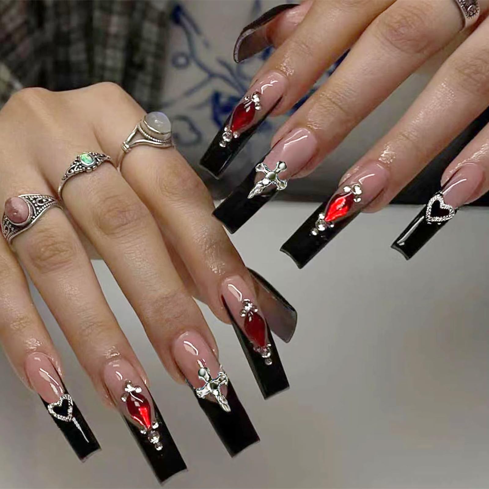 IMRAIN Press on Nails Long Square Fake Nails Black French Tips False Nails Full Cover Glossy Glue on Acrylic Red Rhinestone & Cross Charms Nails with