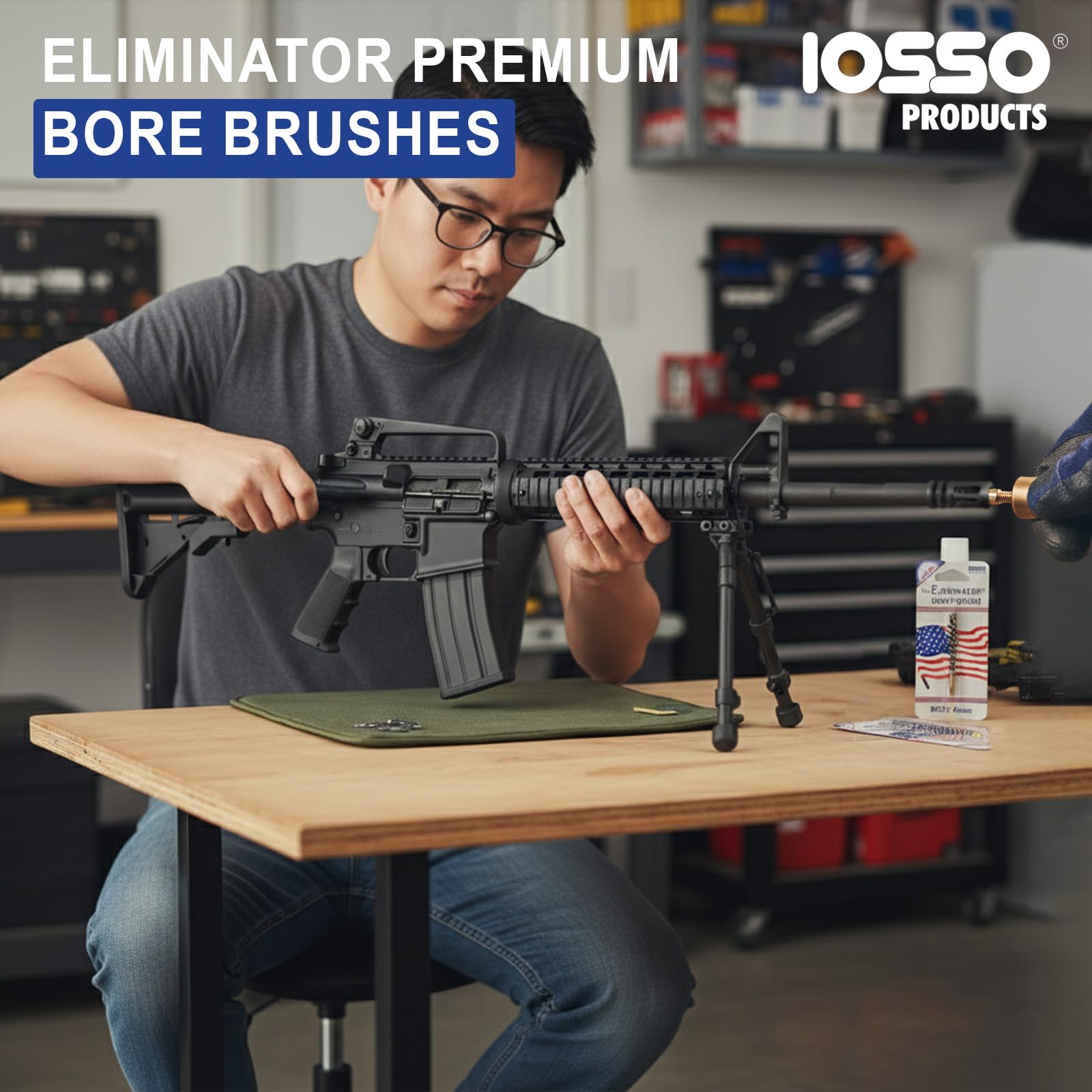 Iosso Premium Bore Brush – Blue Synthetic Fiber – Durable, Long-Lasting Tool for Gun Maintenance – Made in USA Bore Cleaning Brush (6mm/.243/.25 Cal Rifle BORE Brush)
