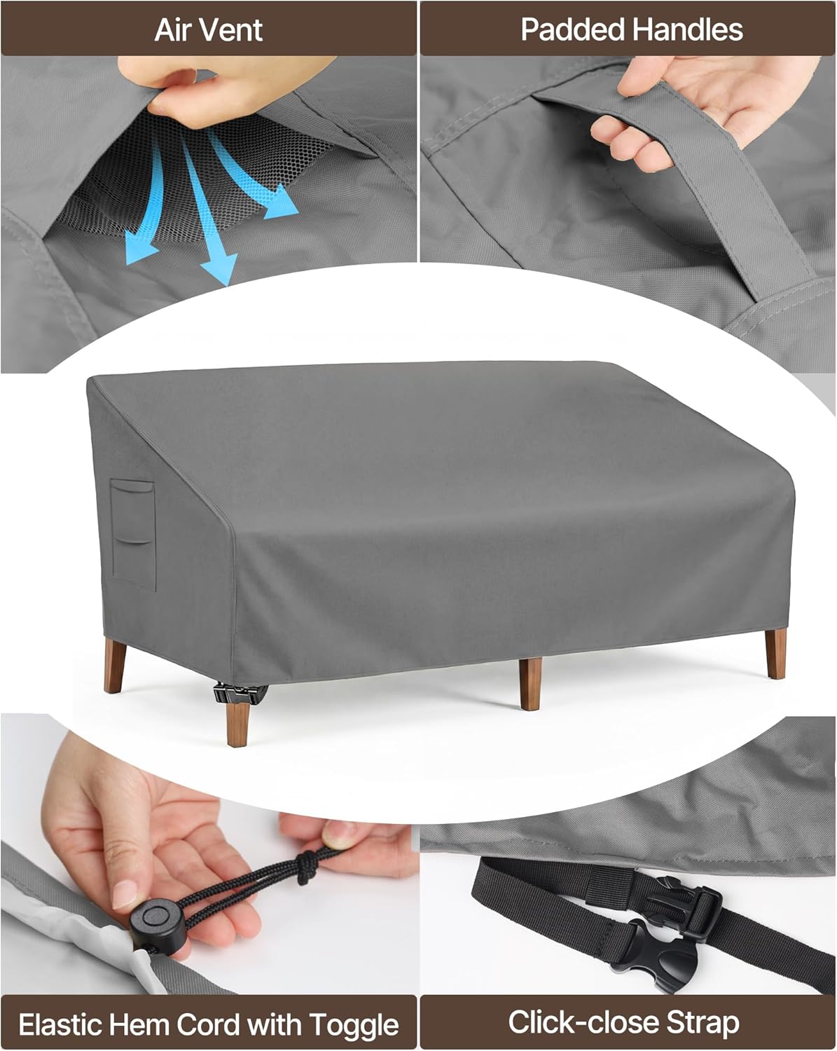 Vailge Heavy Duty Patio Sofa Cover, 100% Waterproof 3-Seater Outdoor Sofa Cover,Lawn Patio Furniture Covers with Air Vent and Handle,79" Wx 37" Dx 35" H,Grey