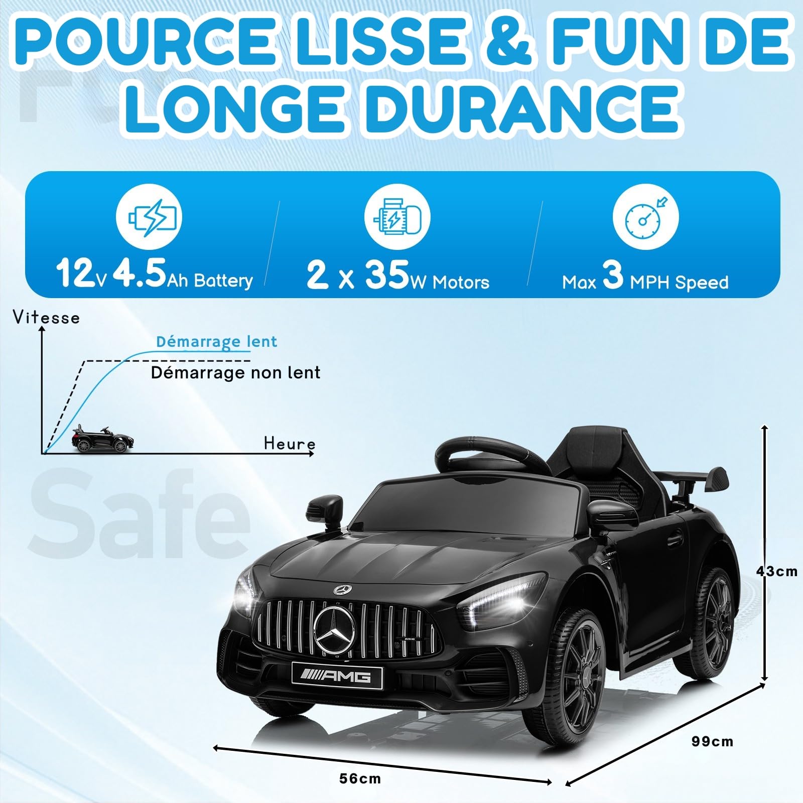 LALAHO Voiture électrique pour Enfants Mercedes GTR，Véhicule Electrique Enfant 3 à 6 Ans avec Télécommande 2.4G，2 Portes avec MP3 (Noir)