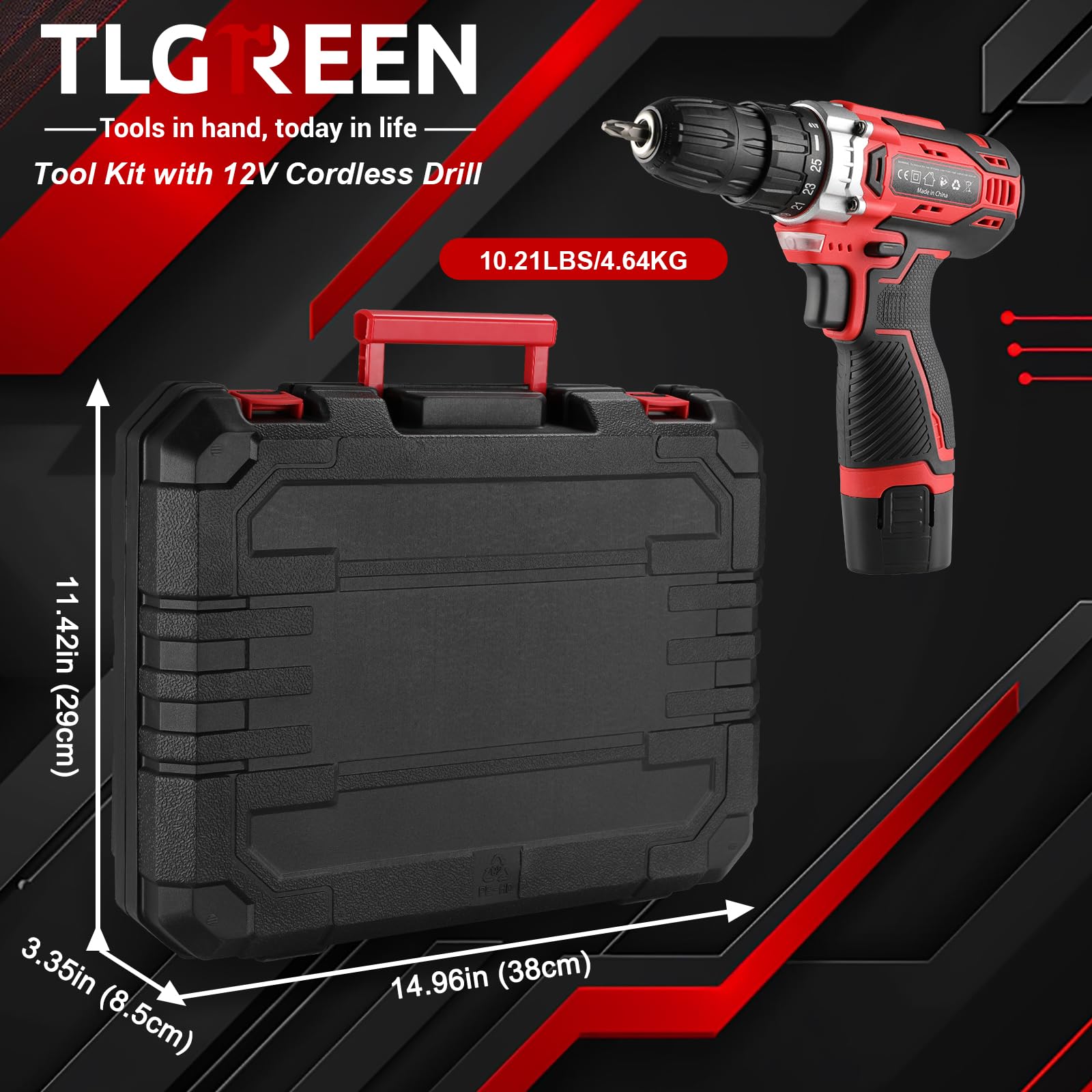 TLGREEN Set di utensili da 12 V con trapano senza fili, kit di utensili manuali con set di punte magnetiche per trapano, controllo a 2 velocità e ricarica rapida, kit di attrezzi per fai da te